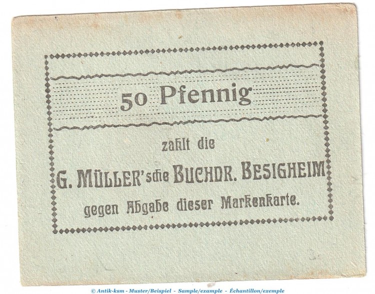 Notgeld Buchdruckerei Besigheim , 50 Pfennig Schein in kfr. Tieste 0555.05.06-7 o.D. Württemberg Verkehrsausgabe