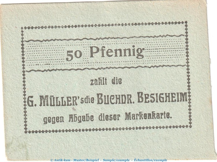 Notgeld Buchdruckerei Besigheim , 50 Pfennig Schein in kfr. Tieste 0555.05.06-7 o.D. Württemberg Verkehrsausgabe
