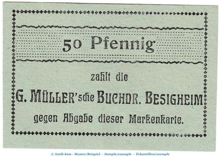 Notgeld Buchdruckerei Besigheim , 50 Pfennig Schein in kfr. Tieste 0555.05.08 o.D. Württemberg Verkehrsausgabe