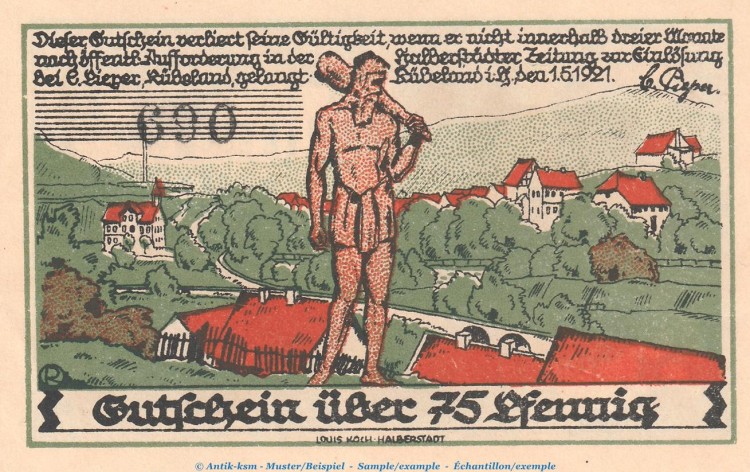 Notgeld C. Pieper Rübeland 1147.1.a , 75 Pfennig Schein Nr.1 in kfr. von 1921 , Sachsen Anhalt Seriennotgeld