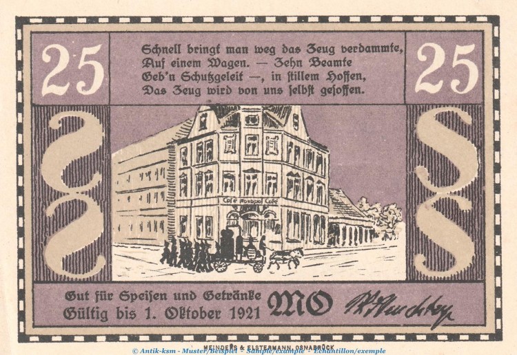 Notgeld Cafe Monopol Osnabrück 1029.2 , 25 Pfennig Schein -MO- in kfr. o.D. Niedersachsen Seriennotgeld