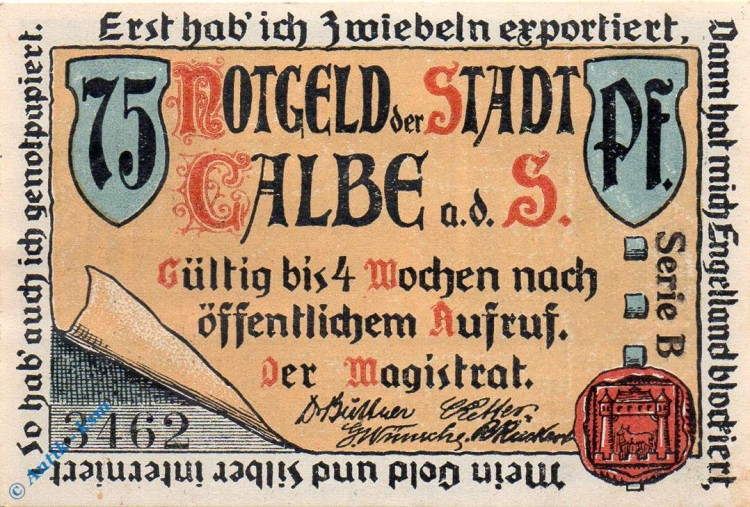 Notgeld Calbe Saale , 75 Pfennig Schein , Serie schwarz , Mehl Grabowski 213.1 , Sachsen Anhalt Seriennotgeld
