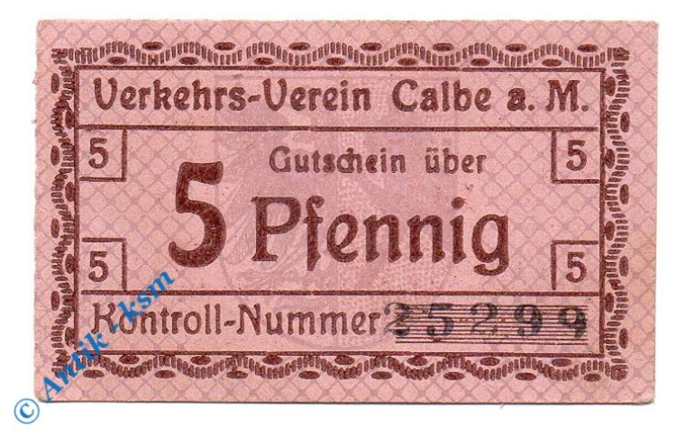 Notgeld Calbe , Verkehrsverein , 5 Pfennig Schein Karton , Tieste 1065.15.10 , Sachsen Verkehrsausgabe