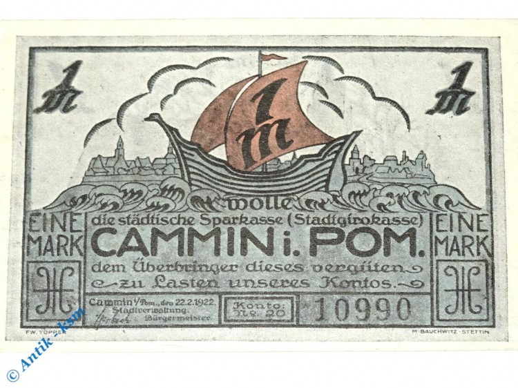 Notgeld Cammin , Kamien , 1 Mark Schein , Mehl Grabowski 218.1 , von 1922 , Pommern Serien Notgeld