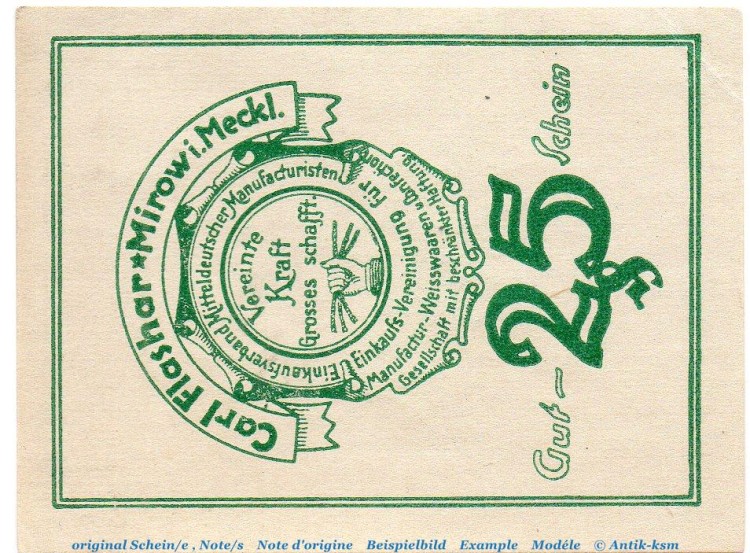 Notgeld Carl Flashar Mirow 4580.05.03 , 25 Pfennig Schein in kfr. o.D. , Mecklenburg Vorpommern Verkehrsausgabe