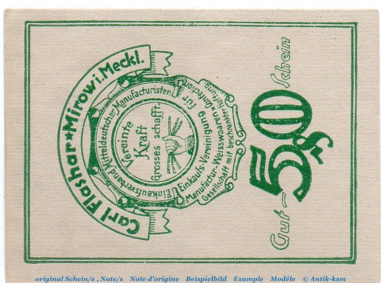 Notgeld Carl Flashar Mirow 4580.05.04 , 50 Pfennig Schein in kfr. o.D. , Mecklenburg Vorpommern Verkehrsausgabe