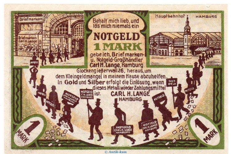 Notgeld Carl H. Lange Hamburg 542.1.a , 1 Mark Schein in kfr. o.D. , Hamburg Seriennotgeld