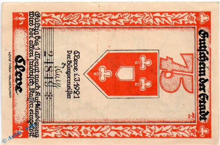 Notgeld Cleve , 75 Pfennig Schein Nr 4 in kfr. Mehl Grabowski 231.2 , von 1921 , Westfalen Seriennotgeld