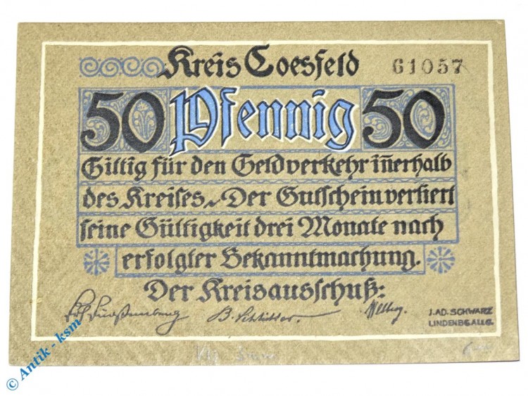Notgeld Coesfeld , 50 Pfennig Schein , Wellenbündel , Tieste 1185.05.02 , Westfalen Verkehrsausgabe