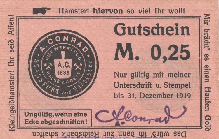 Notgeld Conrad A. Stassfurt , 25 Pfennig Schein in kfr. Tieste 7085.05.05 o.D. Sachsen Anhalt Verkehrsausgabe
