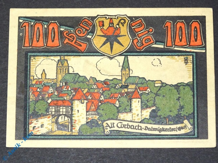 Notgeld Corbach , 100 Pfennig Schein Nr 6 , Mehl Grabowski 240.1 , von 1922 , Hessen Seriennotgeld