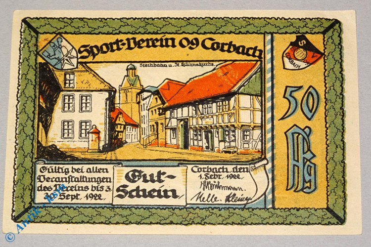Notgeld Corbach , 50 Pfennig Schein Nr 1 , Mehl Grabowski 240.1 , von 1922 , Hessen Seriennotgeld