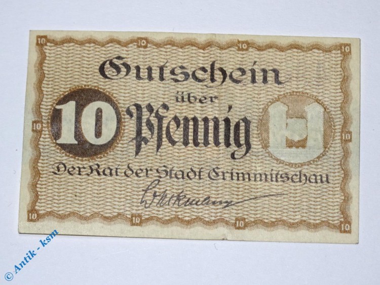 Notgeld Crimmitschau , 10 Pfennig Schein B , Tieste 1230.20.10 , von 1918 , Sachsen Verkehrsausgabe