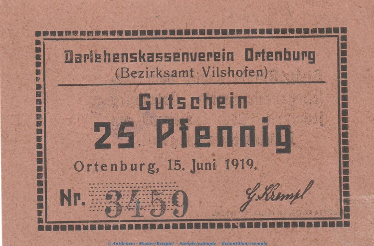 Notgeld Darlehnskassenverein Ortenburg , 25 Pfennig Schein in kfr. Tieste 5420.05.01 von 1919 , Bayern Verkehrsausgabe