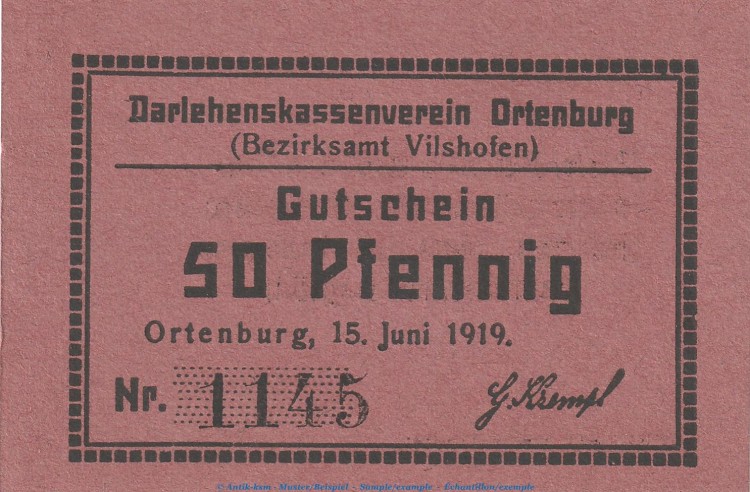 Notgeld Darlehnskassenverein Ortenburg , 50 Pfennig Schein in kfr. Tieste 5420.05.44 von 1919 , Bayern Verkehrsausgabe