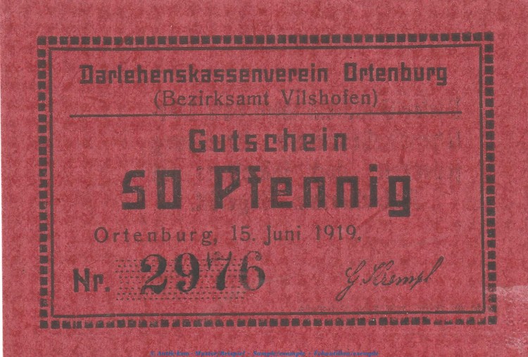Notgeld Darlehnskassenverein Ortenburg , 50 Pfennig Schein in kfr. Tieste 5420.05.57 von 1919 , Bayern Verkehrsausgabe