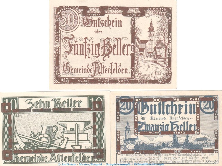 Notgeld der Gemeinde Altenfelden S.27.II.d , -Kupfer- Set mit 3 Scheinen in kfr. von 1920 , Notgeld Oberösterreich