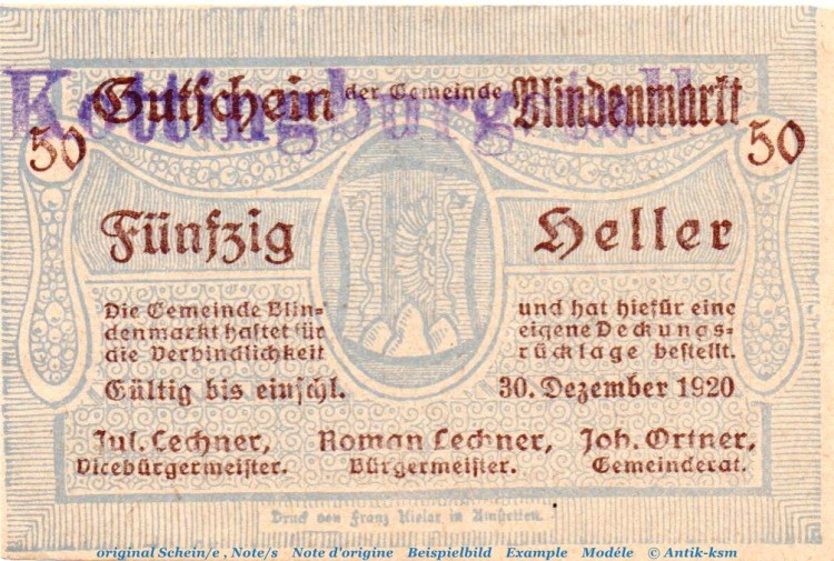 Notgeld der Gemeinde Blindenmarkt 93.I.s , 50 Heller -Kottingburgstall- in kfr. von 1920 Notgeld Niederösterreich