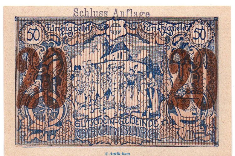 Notgeld der Gemeinde Grünburg S.303.IV.g Schluss-Aufl. 20 Heller Schein in kfr. o.D. Notgeld Oberösterreich