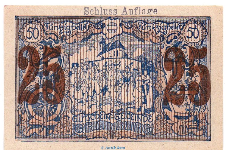 Notgeld der Gemeinde Grünburg S.303.IV.g Schluss-Aufl. 25 Heller Schein in kfr. o.D. Notgeld Oberösterreich