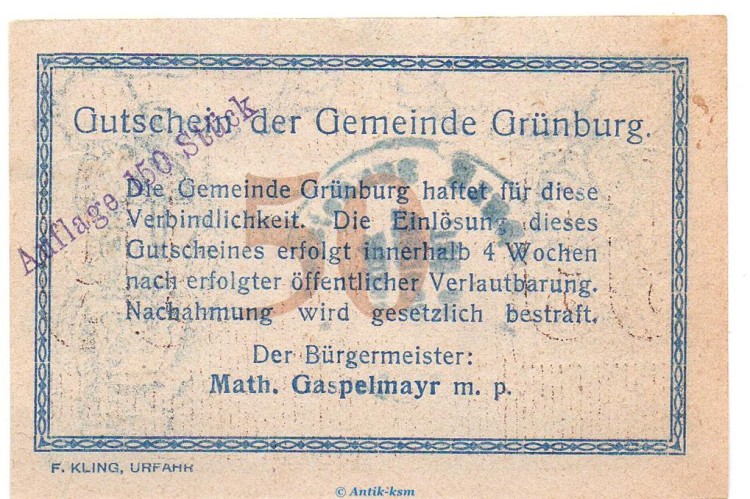 Notgeld der Gemeinde Grünburg S.303.IV.g Schluss-Aufl. 15 Heller Schein in kfr. o.D. Notgeld Oberösterreich