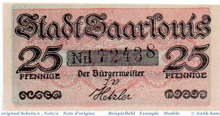 Notgeld der Stadt Saarlouis 6350.05.50 , 25 Pfennig Schein in kfr. von 1920 , Rheinland Verkehrsausgabe