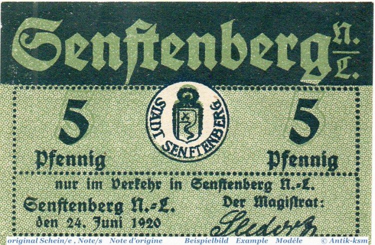 Notgeld der Stadt Senftenberg , 5 Pfennig Schein in kfr. 6870.10.05 , von 1920 , Brandenburg Verkehrsausgabe