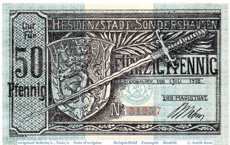 Notgeld der Stadt Sondershausen , 50 Pfennig Schein in kfr. 6980.10.05 , von 1918 , Thüringen Verkehrsausgabe