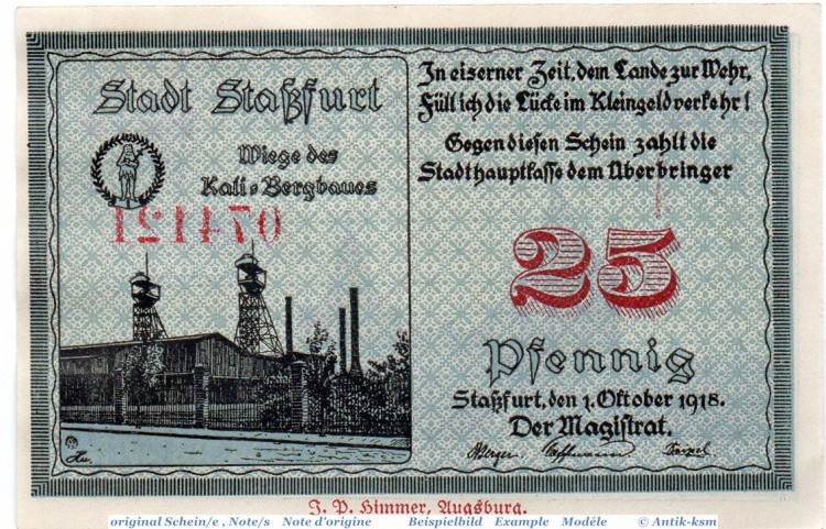 Notgeld der Stadt Staßfurt , 25 Pfennig Schein in kfr. 7085.15.01 , von 1918 , Sachsen Anhalt Verkehrsausgabe