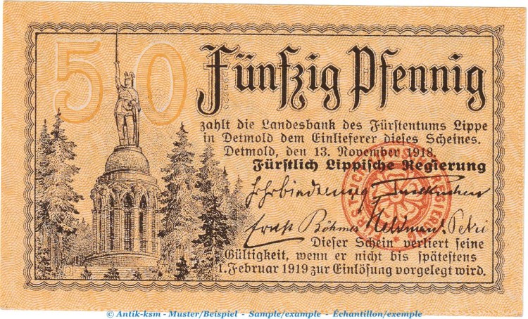 Notgeld Detmold Lippe , 50 Pfennig Schein in kfr. Tieste 1345.05.01 von 1918 , Westfalen Verkehrsausgabe