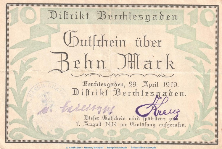 Notgeld Distikt Berchtesgaden , 10 Mark Schein in gbr. Geiger 038.04 von 1919 , Bayern Grossnotgeld