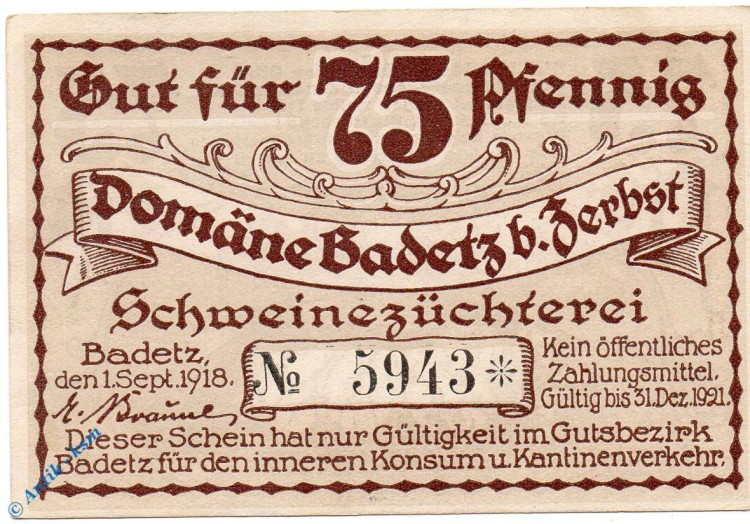 Notgeld Domäne Badetz , 75 Pfennig Nr 1 , Mehl Grabowski 59.1 , von 1918 , Sachsen Anhalt Serien Notgeld