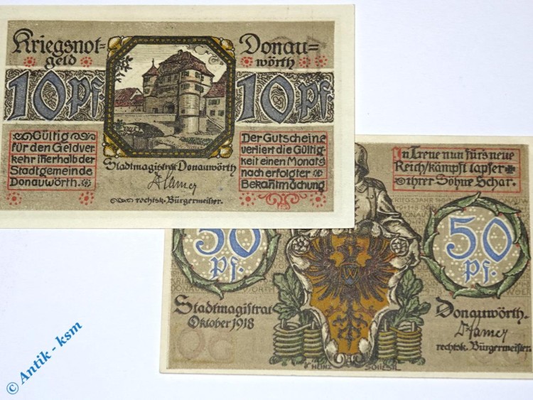 Notgeld Donauwörth , Set mit 2 Scheinen , grau , Tieste 1445.10.01 und 02 , von 1918 , Bayern Verkehrsausgabe