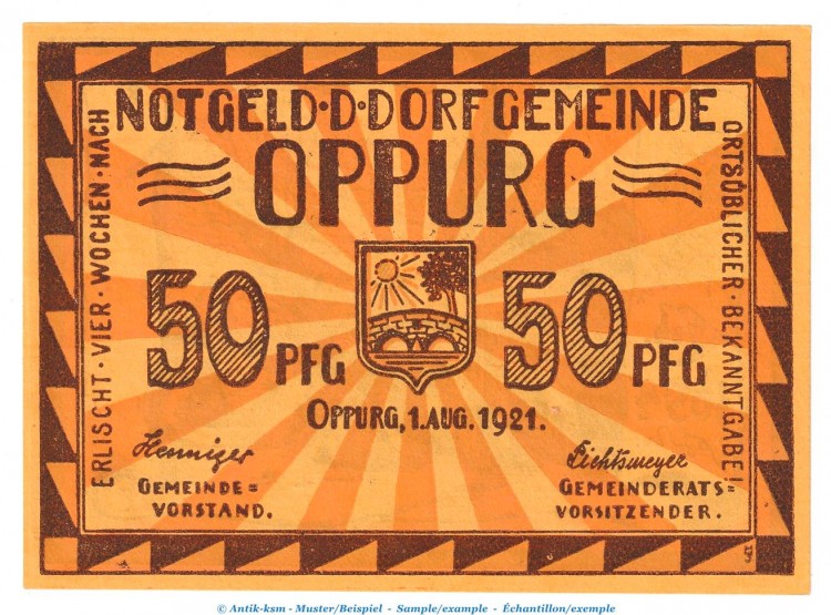 Notgeld Dorfgemeinde Oppurg 1023.1.a , 50 Pfennig Nr. 1 o.Drfa. in kfr. von 1921 , Thüringen Seriennotgeld