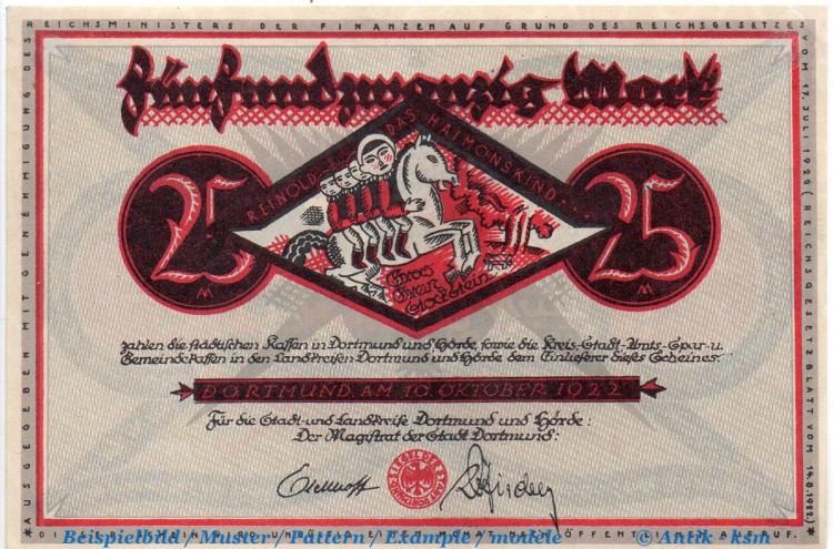 Notgeld Dortmund , 25 Mark Schein in kfr. Haimonskind , Müller 1065.5 , 10.10.1922 , Westfalen Großnotgeld