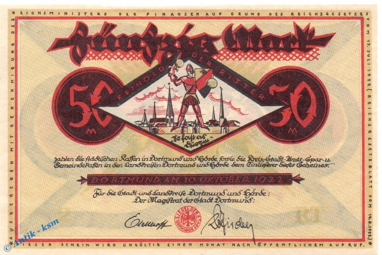 Notgeld Dortmund , 50 Mark Schein in kfr. Ritter , Müller 1065.12 , 10.10.1922 , Westfalen Großnotgeld