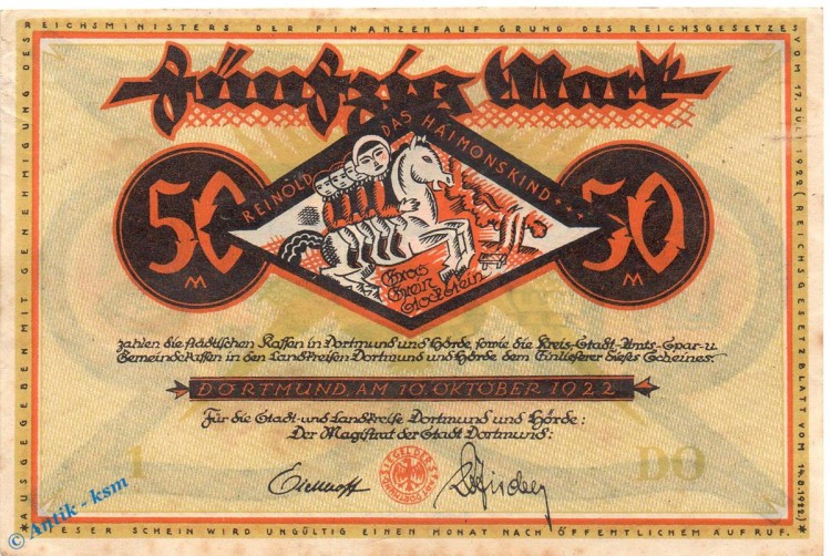 Notgeld Dortmund , 50 Mark Schein in kfr. Haimonskind , Müller 1065.11 , 10.10.1922 , Westfalen Großnotgeld