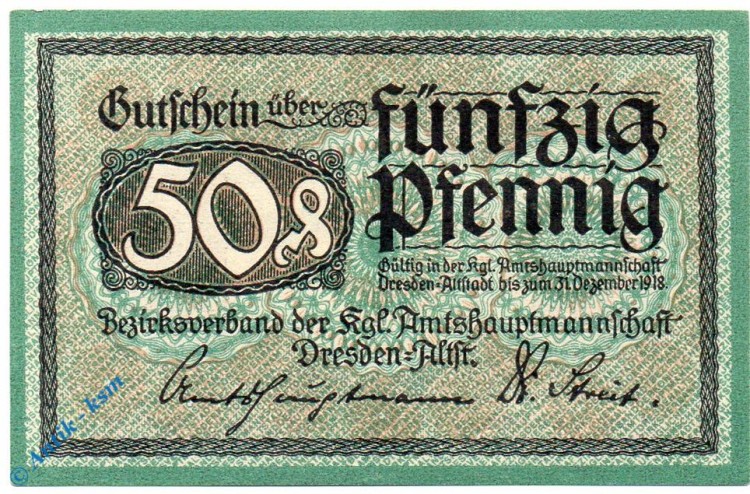 Notgeld Dresden Altstadt , 50 Pfennig Schein , Tieste 1480.30.02 , Sachsen Verkehrsausgabe