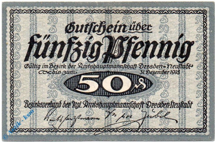 Notgeld Dresden Neustadt , 50 Pfennig Schein , Tieste 1500.15.01 , Sachsen Verkehrsausgabe