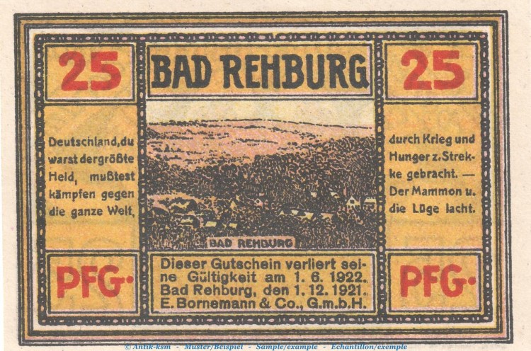 Notgeld E. Bornemann & Co. Rehburg 1106.1 , 25 Pfennig Schein Nr.1 in kfr. von 1921 , Niedersachsen Seriennotgeld