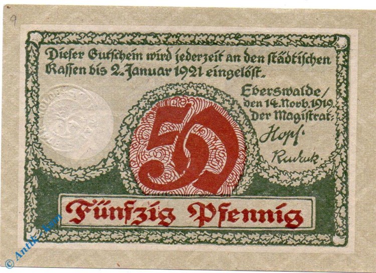 Notgeld Eberswalde , 50 Pfennig Schein , Tieste 1570.20.1 , von 1919 , Brandenburg Verkehrsausgabe