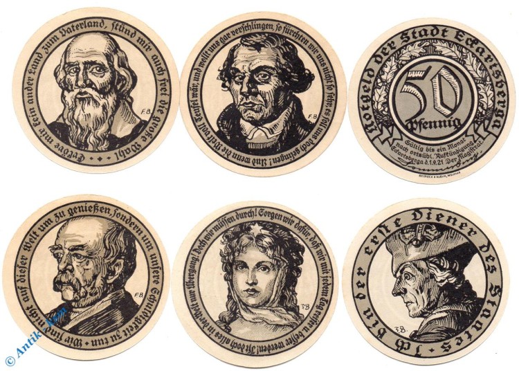 Notgeld Eckartsberga , Set mit 6 Scheinen , Persönlichkeiten , Mehl Grabowski 305.5 , von 1921 , Sachsen Anhalt Serien Notgeld