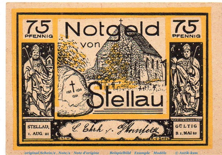 Notgeld Ehrk und Hornfelder Stellau 1264.1.b , 75 Pfennig Nr 1 , in kfr. von 1921 , Schleswig Holstein Seriennotgeld