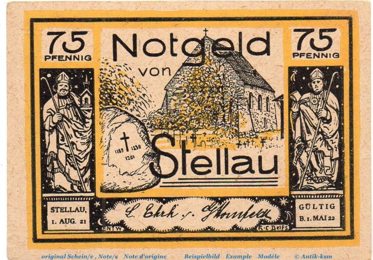 Notgeld Ehrk und Hornfelder Stellau 1264.1.b , 75 Pfennig Nr 2 , in kfr. von 1921 , Schleswig Holstein Seriennotgeld