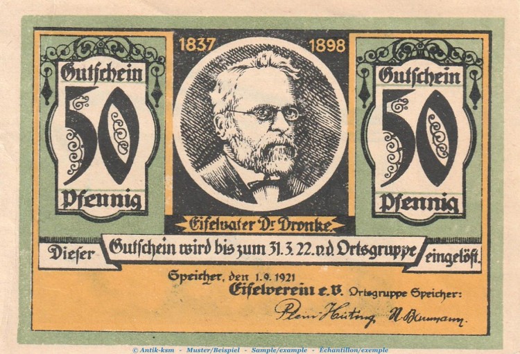 Notgeld Eifelverein Speicher 1248.2 , 50 Pfennig -rauh- Nr.4 in kfr. von 1921 , Rheinland Seriennotgeld