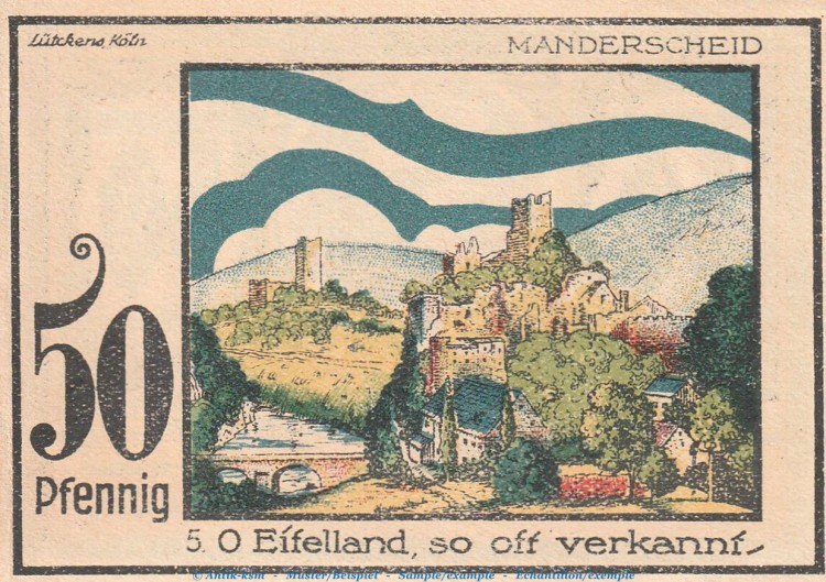 Notgeld Eifelverein Speicher 1248.2 , 50 Pfennig -rauh- Nr.5 in kfr. von 1921 , Rheinland Seriennotgeld