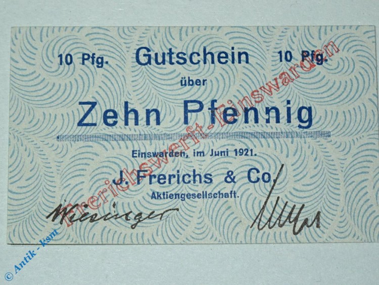 Notgeld Einswarden , 10 Pfennig Schein , Tieste 1620.05.86 , Juni 1921 , Niedersachsen Verkehrsausgabe