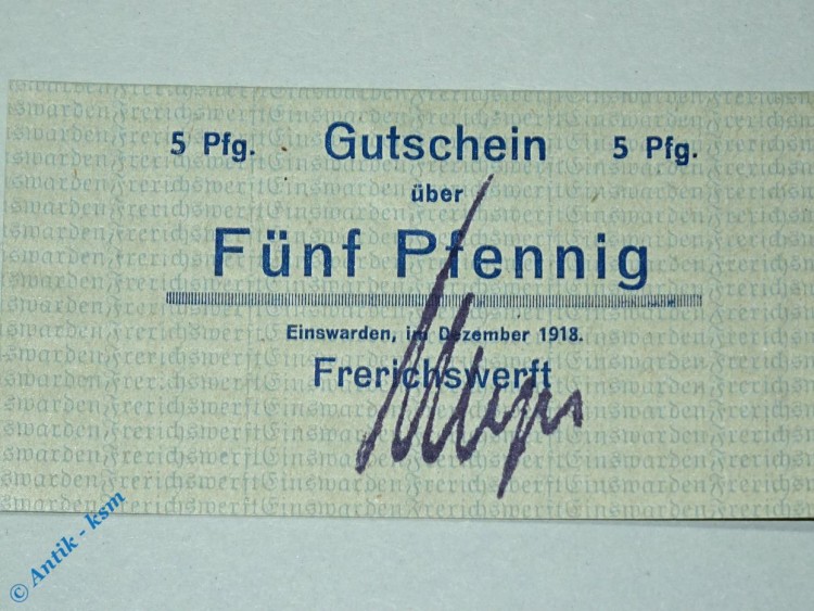Notgeld Einswarden , 5 Pfennig Schein , Tieste 1620.05.60 , Dez 1918 , Niedersachsen Verkehrsausgabe