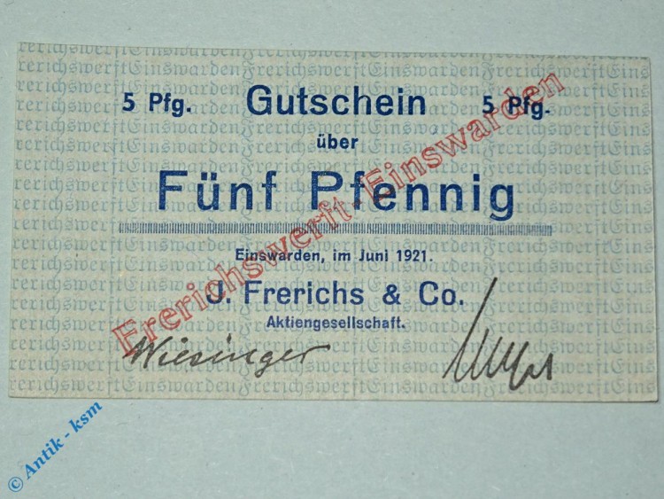 Notgeld Einswarden , 5 Pfennig Schein , Tieste 1620.05.85 , Juni 1921 , Niedersachsen Verkehrsausgabe