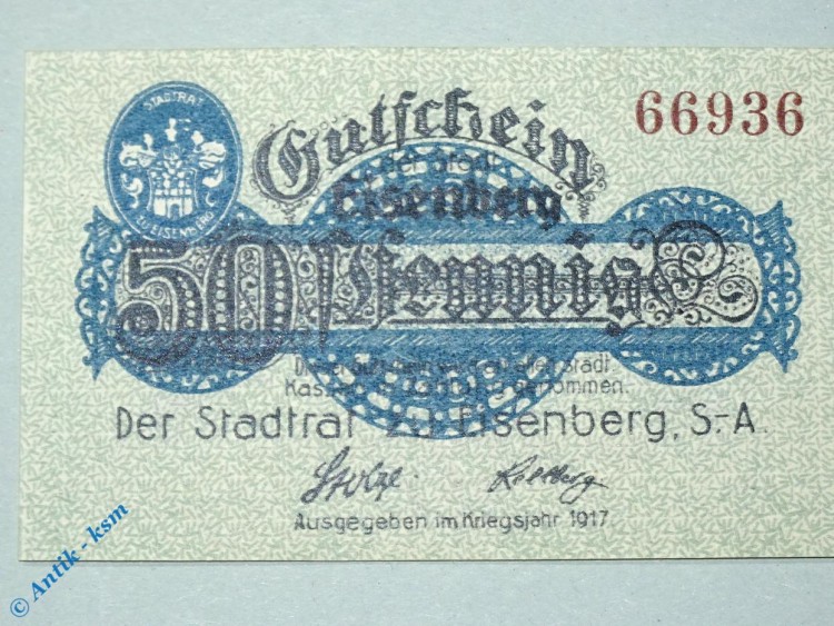 Notgeld Eisbergen , 50 Pfennig Schein mit Drfa , Tieste 1635.10.10 , von 1917 , Sachsen Verkehrsausgabe